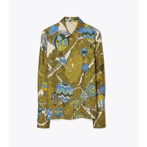 Tory Burch Hot Air Balloon Green Blue Button Down Shirt Preppy Silk Women size 6